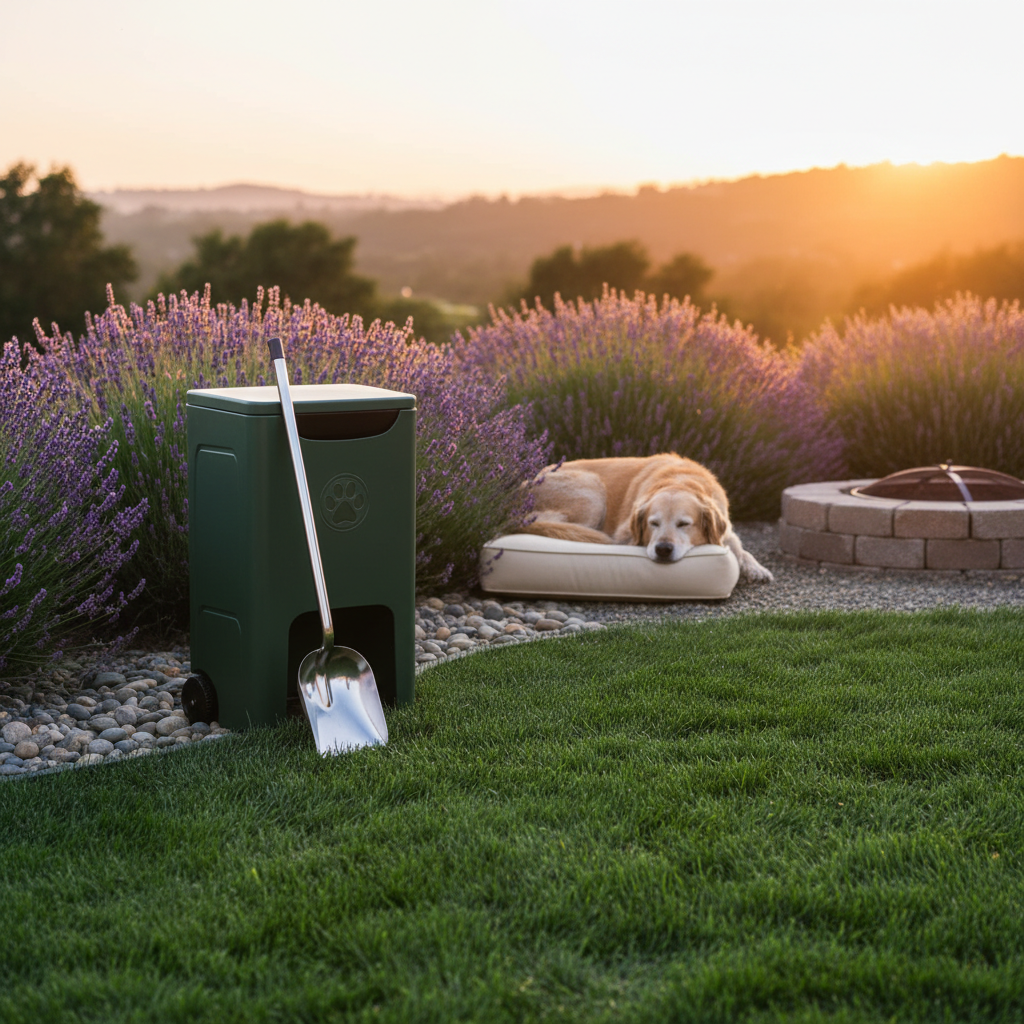 A serene, photographic backyard oasis in Sonoma County at sunset, the grass flawlessly clean and deep green, bordered by lavender plants and smooth river stones. A sleek, dark-green compost-style waste container with a subtle paw logo rests near a gravel path, paired with a neatly stored, stainless-steel scoop, both immaculate. A content, older dog naps on a patio cushion near a small fire pit, reinforcing the sense of comfort. Golden-hour light pours in from the side, illuminating the lawn and creating a warm, eco-friendly atmosphere. Shot at eye level with a moderate depth of field, the composition leads the eye from the clean lawn to the discrete waste system. The mood is peaceful, environmentally conscious, and professionally maintained.