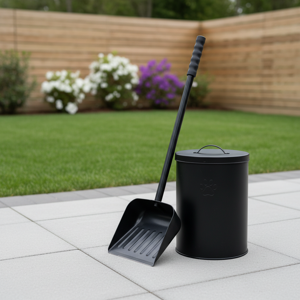 A close-up, eye-level photographic shot of a clean, modern dog waste removal setup arranged on a pristine backyard patio. A durable, matte-black metal pooper-scooper with ergonomic handles leans against a matching lidded bin featuring a subtle paw icon, all spotless. Behind them, a lush, well-tended lawn stretches out, free of any debris, framed by a simple wooden fence and a few flowering shrubs. Soft overcast daylight creates even, diffused lighting with minimal shadows, emphasizing cleanliness and professionalism. The composition uses shallow depth of field, keeping the tools crisp in the foreground while the green lawn blurs gently behind. The mood is calm, efficient, and reassuring, highlighting reliable weekly service and eco-friendly disposal.