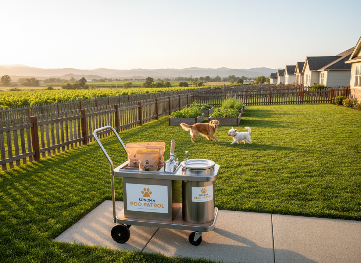 A wide, panoramic photographic view of a series of neighboring Sonoma County backyards, each separated by low wooden fences, all lawns immaculate and vibrant green. In the foreground, a clean, branded-style service caddy on wheels holds sealed biodegradable bags, a polished metal scoop, and a discreet composting-style container, all organized and tidy. A golden retriever and a small terrier play near a raised garden bed in one yard, with no waste visible anywhere. Warm golden-hour sunlight bathes the scene, creating long, soft shadows and a welcoming glow. Captured from a slightly elevated angle with strong depth of field, the composition feels open and spacious. The atmosphere is organized, community-oriented, and trustworthy, subtly conveying a professional dog waste removal route.