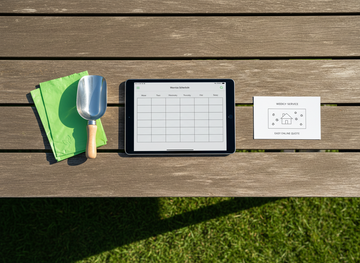 A top-down, photographic flat-lay scene on a rustic wooden outdoor table representing a dog waste removal service package. Immaculately clean tools are arranged with precision: a folded service schedule on a digital tablet screen without visible text, a pair of bright green biodegradable waste bags, a small metal scoop, and a minimalist yard map diagram using simple paw and house icons. In the blurred background, through the table’s edge, a spotless, sunlit lawn is visible. Natural afternoon light from the side creates gentle highlights on the metal and soft shadows between objects, reinforcing order and reliability. The composition is carefully balanced and uncluttered, with a modern, professional mood emphasizing organized weekly service and easy online quotes.